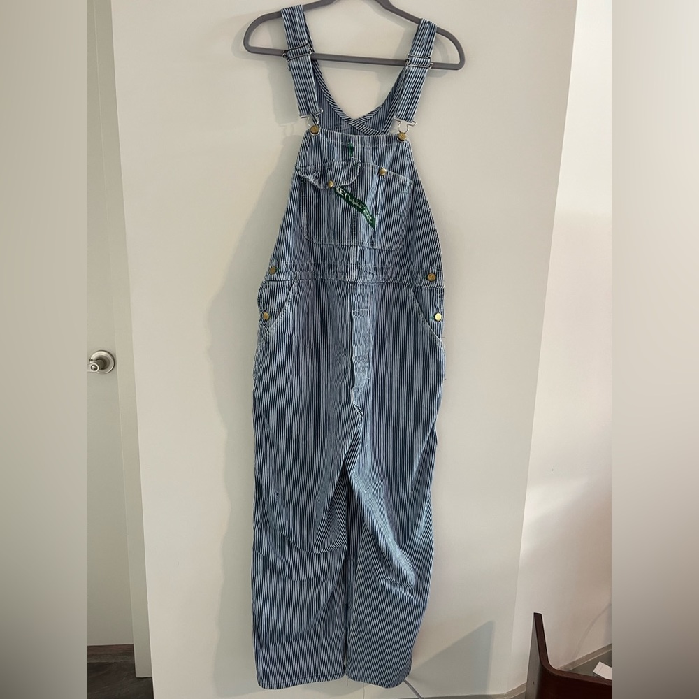 thrifted vintage KEY hickory striped denim overalls. fits like a baggy medium.